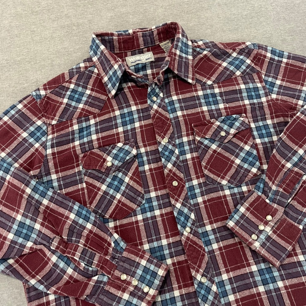 Wrangler Wrancher Mens XL Burgundy Blue Plaid Western Snap Flannel Shirt